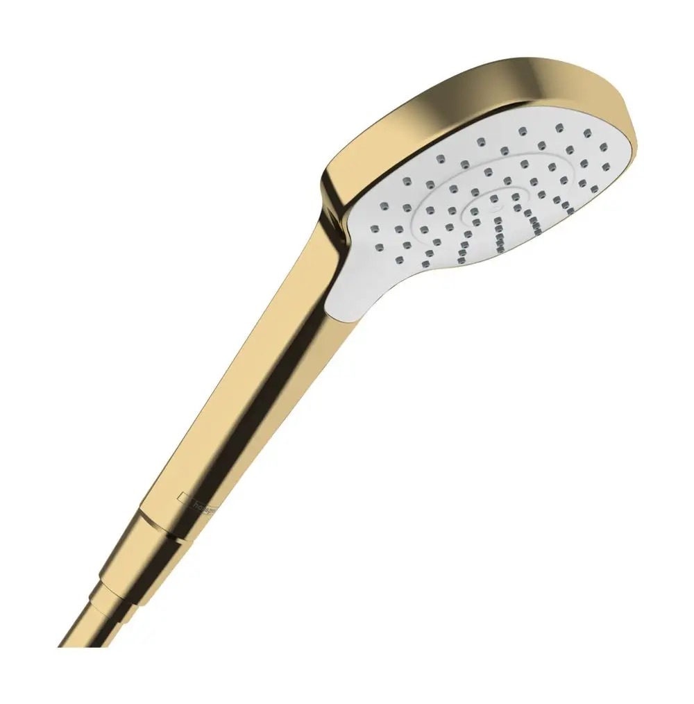 Hansgrohe Handbrause mit goldener Oberfläche und flacher Kopfteilstruktur, ausgestattet mit einem zentralen Sprüldesign für Wasserstrahlen.